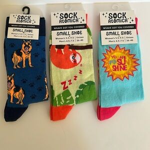 Set of 3 Sock Atomica Socks-German Shepherd, Sleepin Sloth, You are My Sunshine